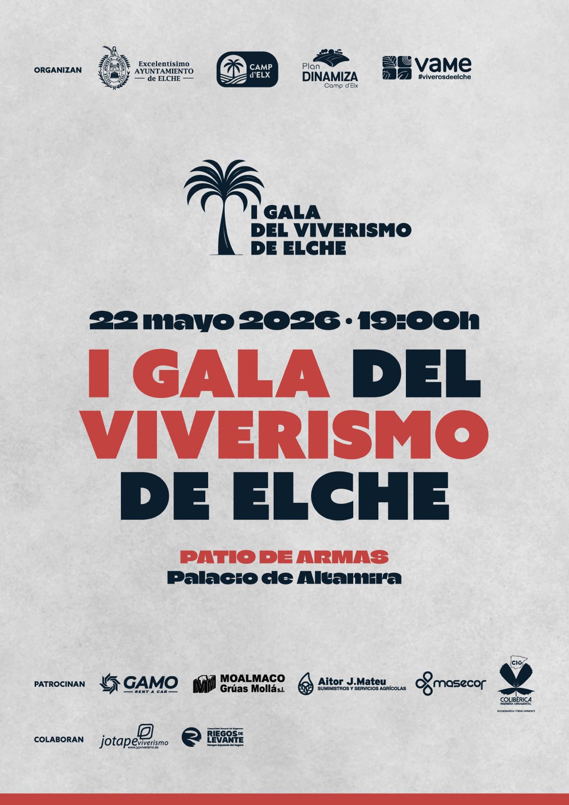 I Gala del Viverismo de Elche – 22 mayo 2026, 19:00h, Patio de Armas, Palacio de Altamira